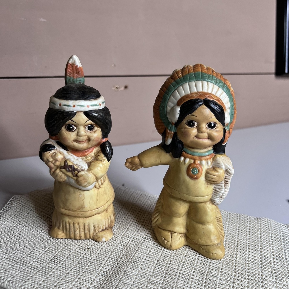 Vintage Ceramic Figurines Hand Painted Native American Style Set of 2